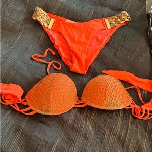 Beach Bunny Alexa Orange Bikini With Gold Chain